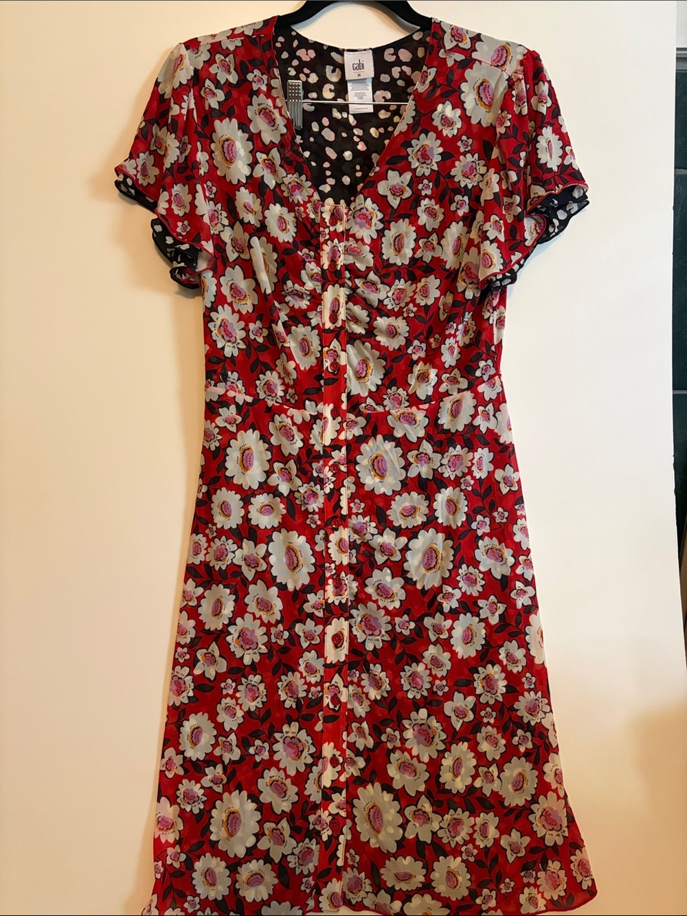 CAbi Gemini Reversible ButtonFront Floral Mesh Flutter Sleeve Dress 6577 M